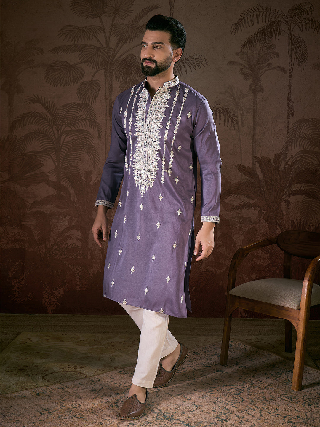 Men Lavender Silk Blend Solid Embroidered Straight Kurta With Trouser-MKSET1792