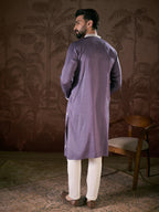 Men Lavender Silk Blend Solid Embroidered Straight Kurta With Trouser-MKSET1792