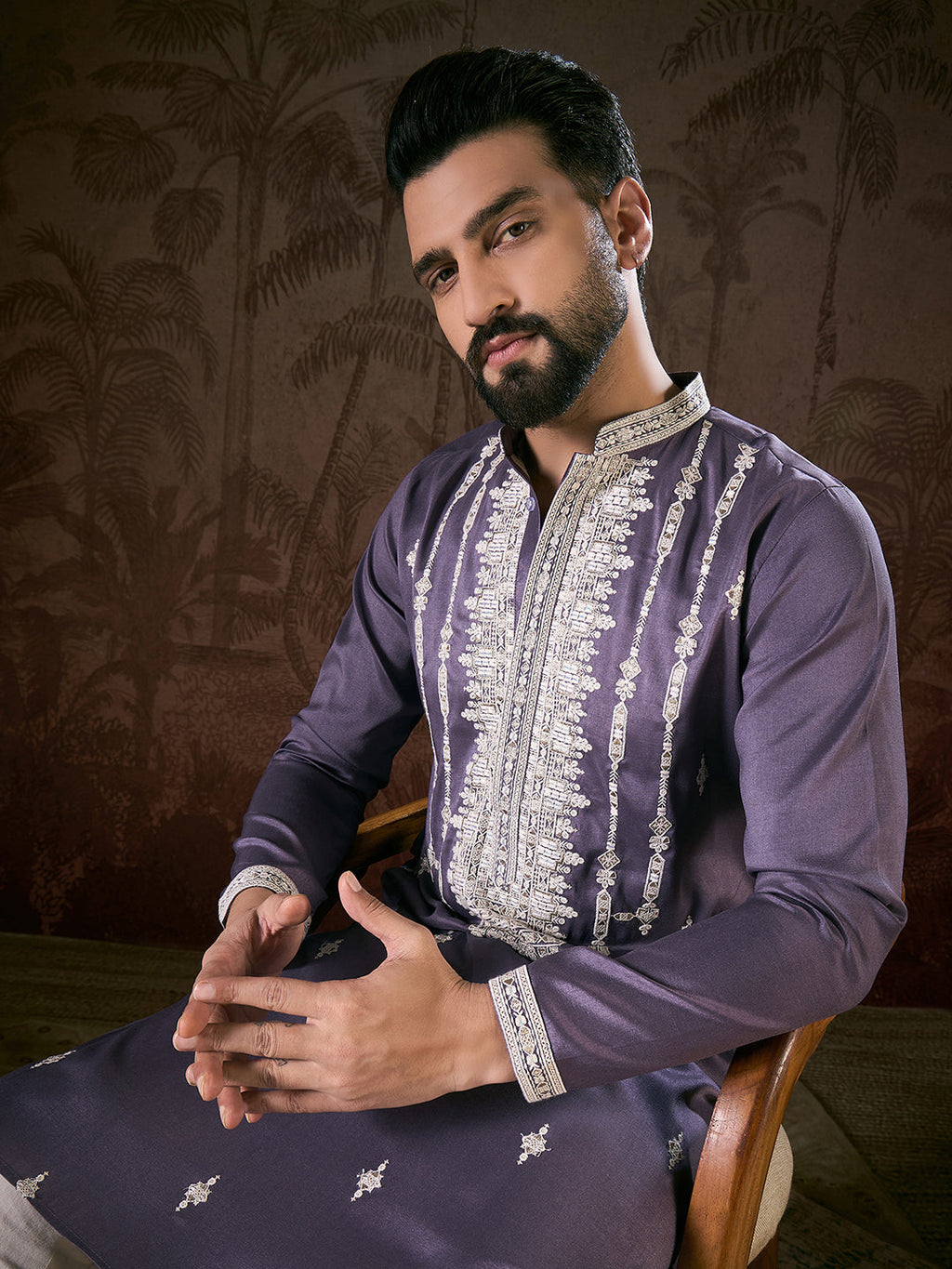 Men Lavender Silk Blend Solid Embroidered Straight Kurta With Trouser-MKSET1792