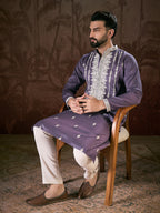 Men Lavender Silk Blend Solid Embroidered Straight Kurta With Trouser-MKSET1792