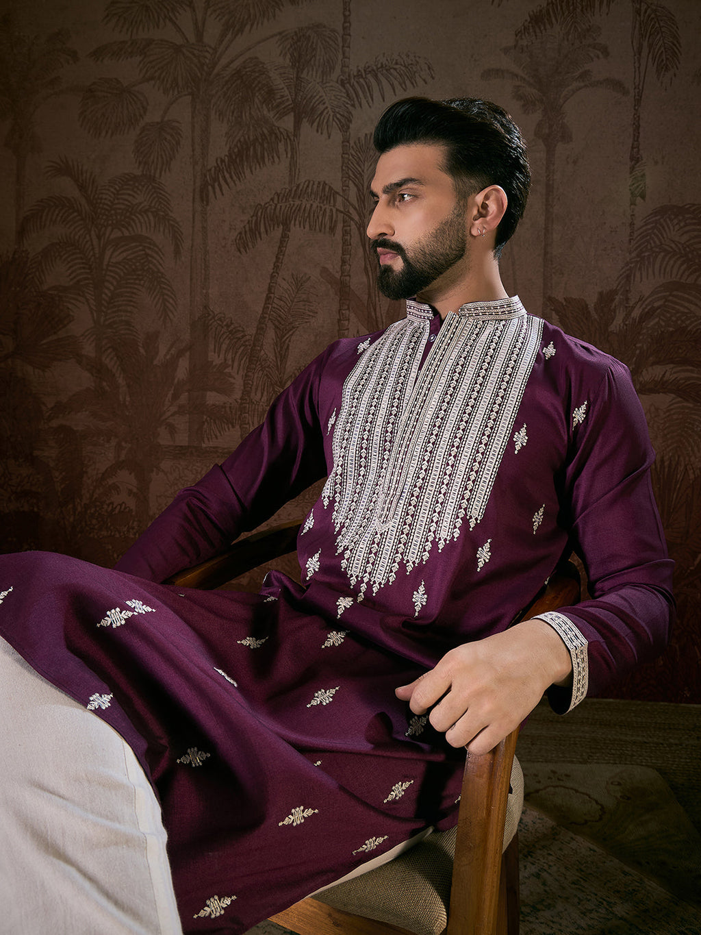 Men Purple Silk Blend Solid Embroidered Straight Kurta With Trouser-MKSET1793