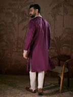Men Purple Silk Blend Solid Embroidered Straight Kurta With Trouser-MKSET1793
