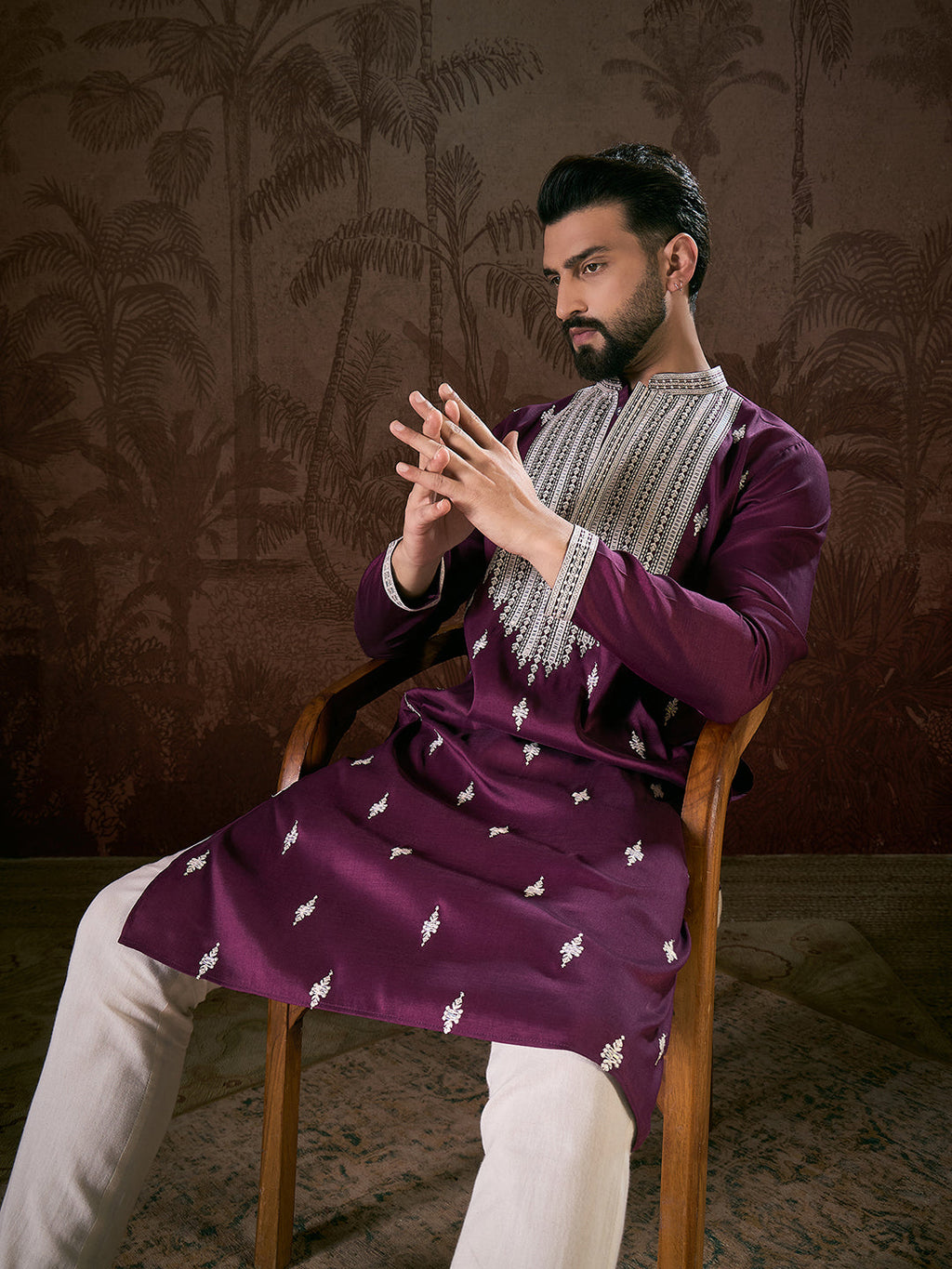 Men Purple Silk Blend Solid Embroidered Straight Kurta With Trouser-MKSET1793