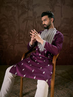 Men Purple Silk Blend Solid Embroidered Straight Kurta With Trouser-MKSET1793