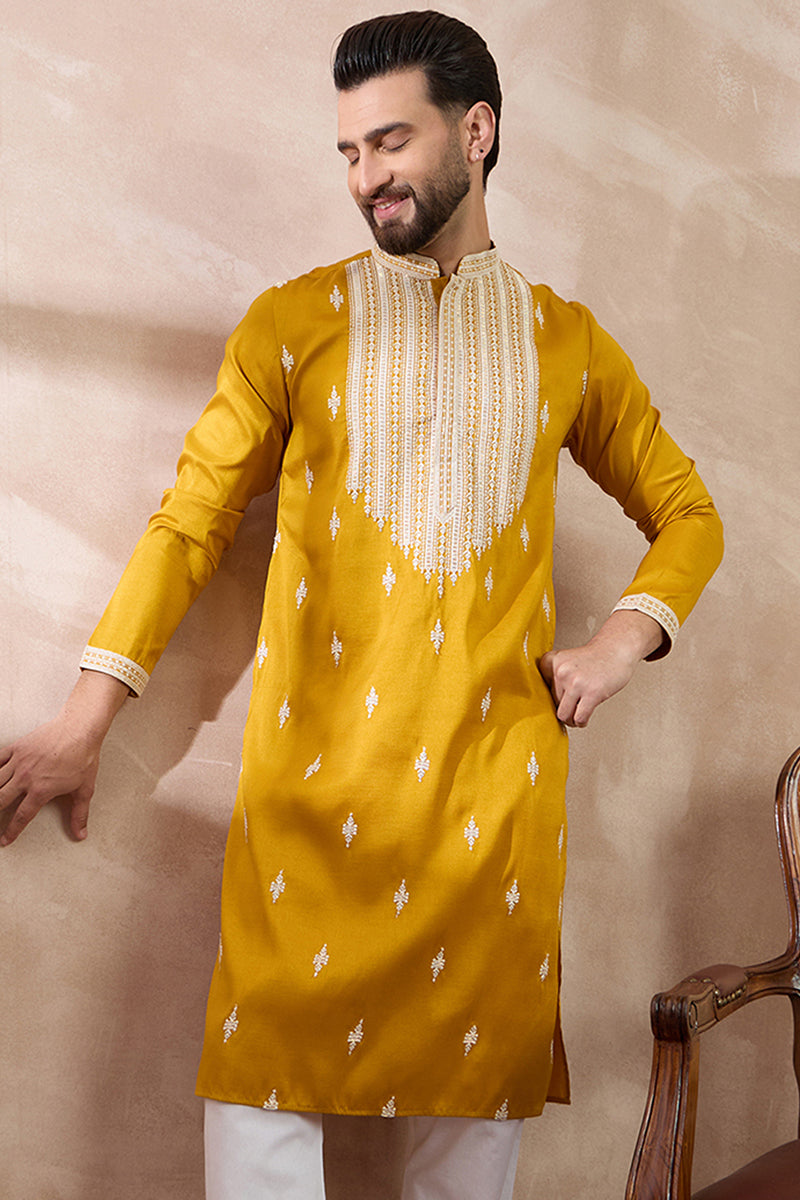 Yellow Silk Blend Embroidered Mandarin Collar Straight Kurta With Trouser MKSET1794