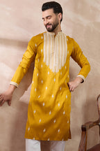 Yellow Silk Blend Embroidered Mandarin Collar Straight Kurta With Trouser MKSET1794