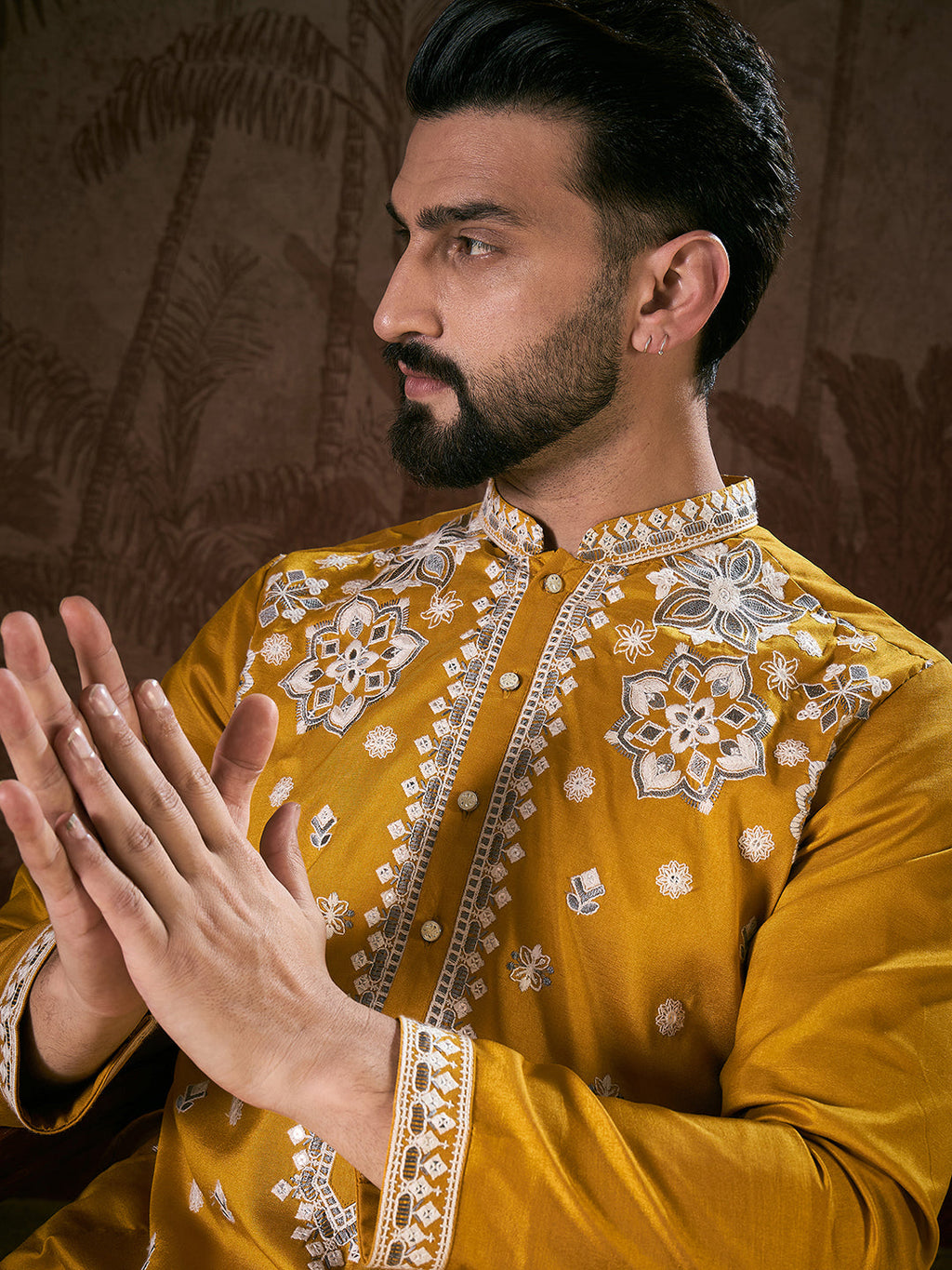 Men Mustard Silk Blend Solid Embroidered Straight Kurta With Trouser-MKSET1796