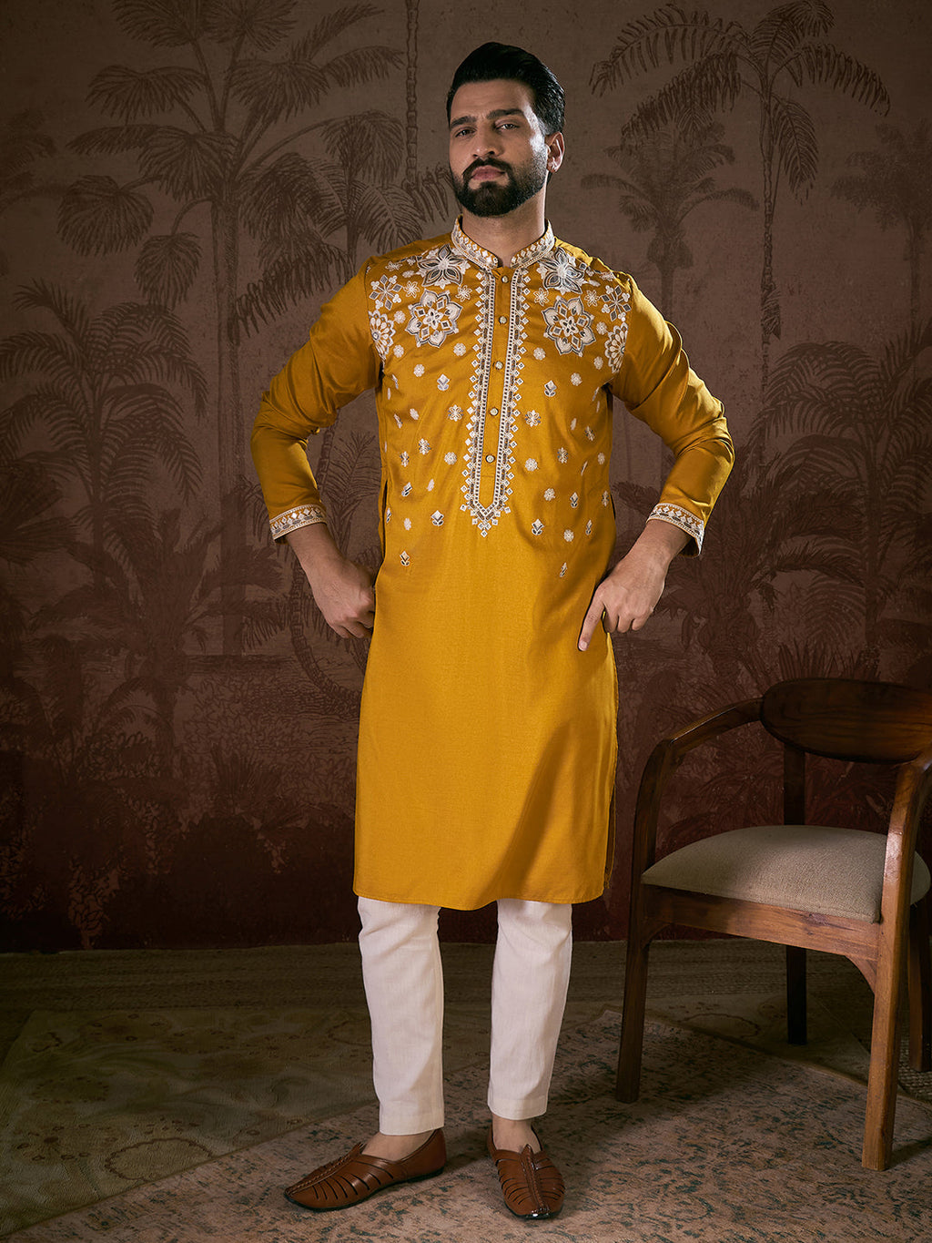 Men Mustard Silk Blend Solid Embroidered Straight Kurta With Trouser-MKSET1796