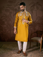 Men Mustard Silk Blend Solid Embroidered Straight Kurta With Trouser-MKSET1796