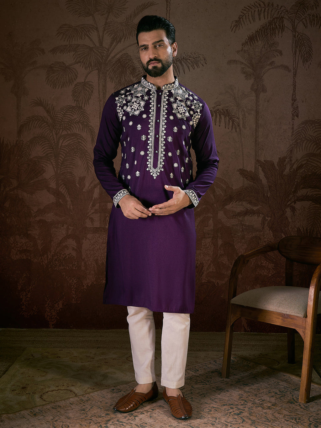 Men Purple Silk Blend Solid Embroidered Straight Kurta With Trouser-MKSET1797