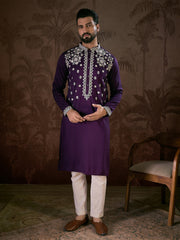 Men Purple Silk Blend Solid Embroidered Straight Kurta With Trouser-MKSET1797