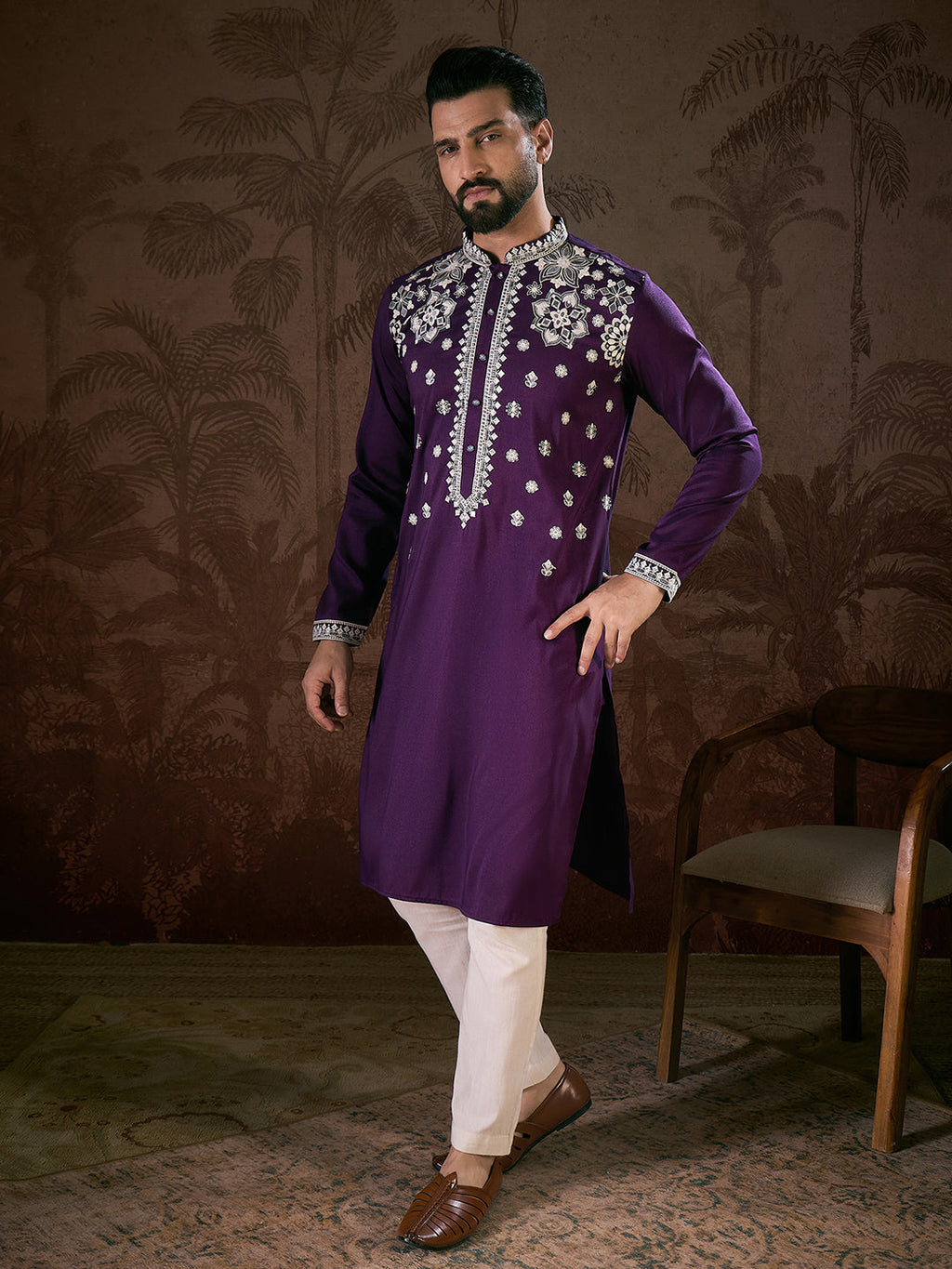 Men Purple Silk Blend Solid Embroidered Straight Kurta With Trouser-MKSET1797