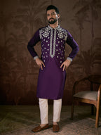 Men Purple Silk Blend Solid Embroidered Straight Kurta With Trouser-MKSET1797