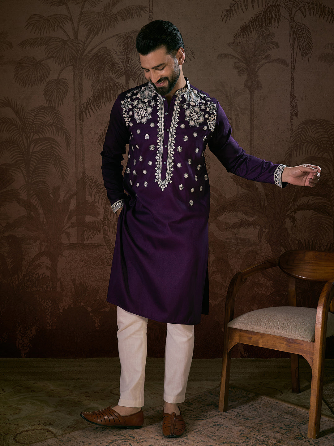 Men Purple Silk Blend Solid Embroidered Straight Kurta With Trouser-MKSET1797