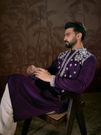 Men Purple Silk Blend Solid Embroidered Straight Kurta With Trouser-MKSET1797
