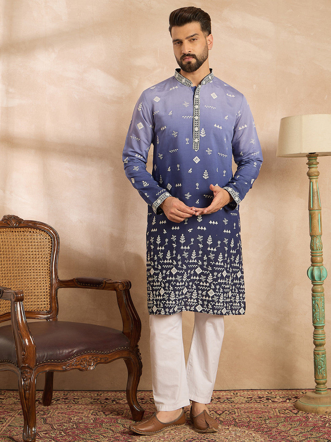 Men Violet Silk Blend Ombre Embroidered Straight Kurta Sets-MKSET1798
