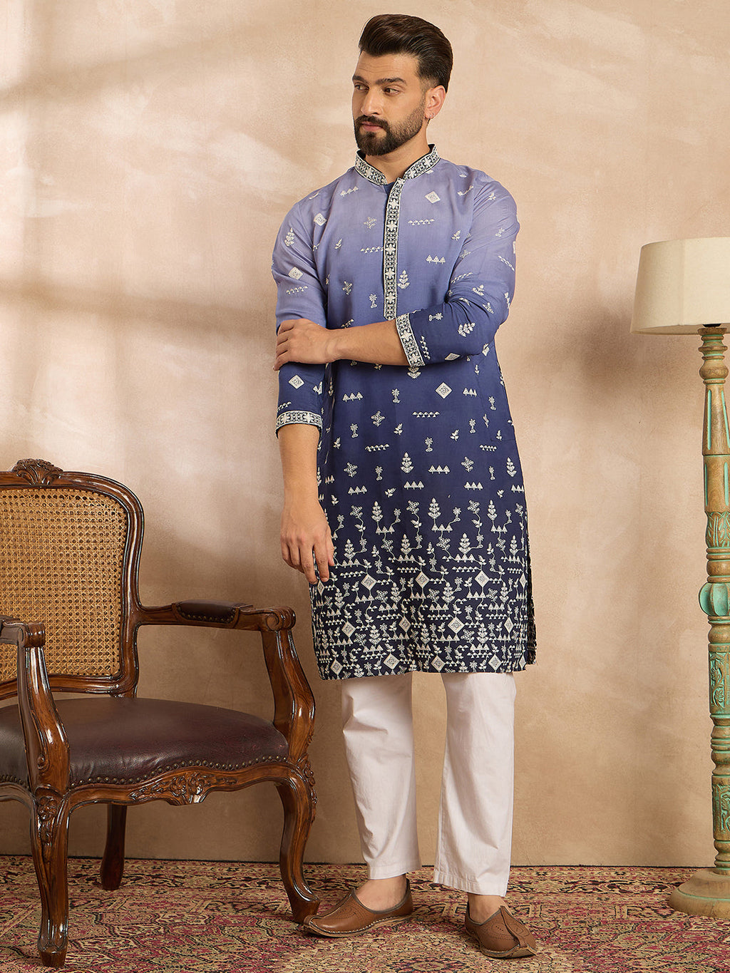 Men Violet Silk Blend Ombre Embroidered Straight Kurta Sets-MKSET1798
