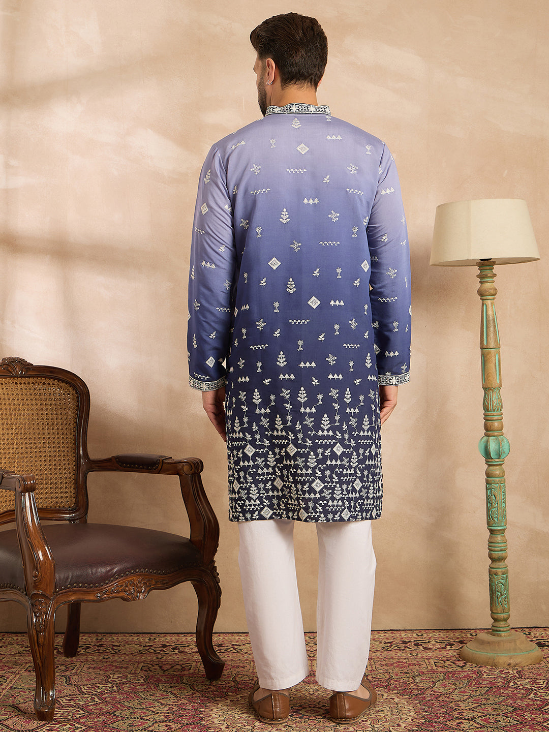 Men Violet Silk Blend Ombre Embroidered Straight Kurta Sets-MKSET1798