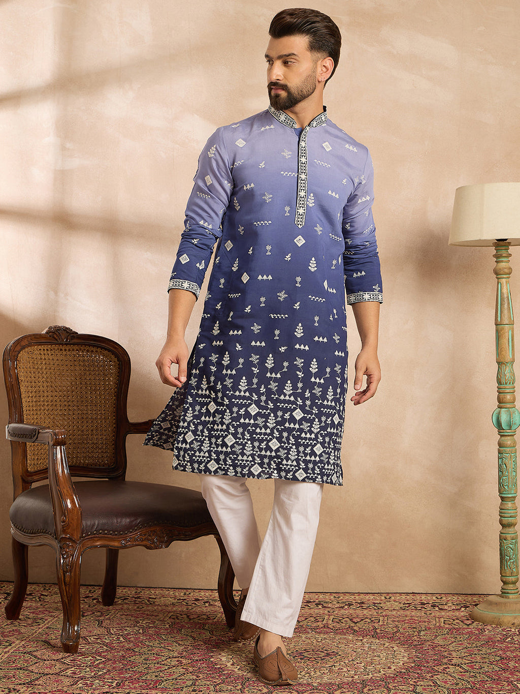 Men Violet Silk Blend Ombre Embroidered Straight Kurta Sets-MKSET1798