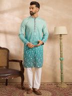 Men Teal Silk Blend Ombre Embroidered Straight Kurta Sets-MKSET1799