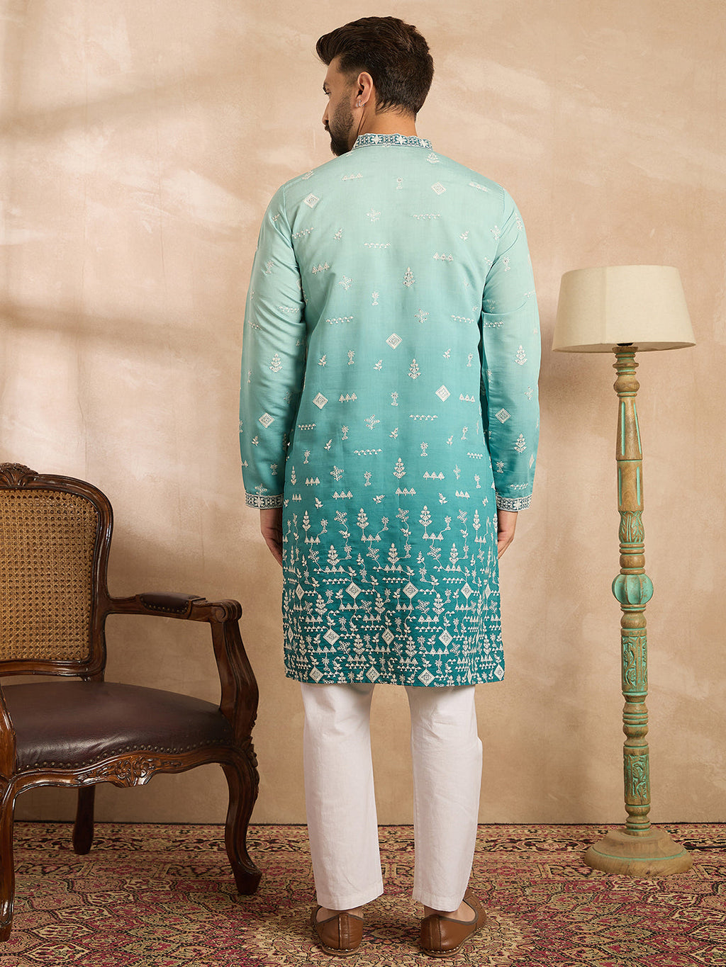 Men Teal Silk Blend Ombre Embroidered Straight Kurta Sets-MKSET1799