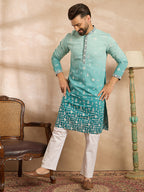 Men Teal Silk Blend Ombre Embroidered Straight Kurta Sets-MKSET1799