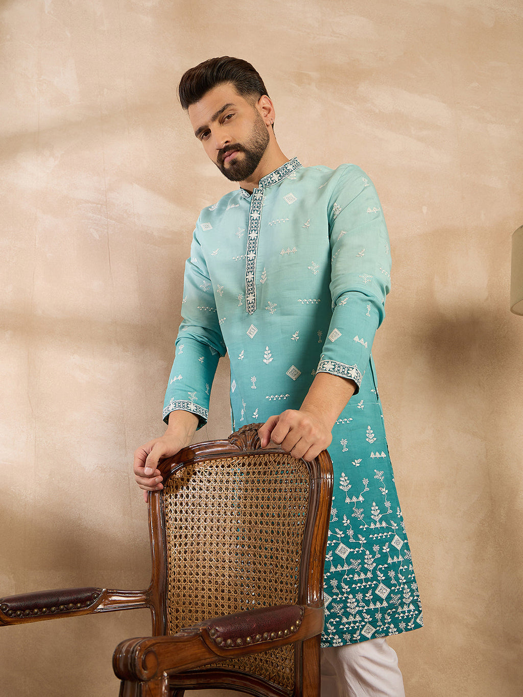 Men Teal Silk Blend Ombre Embroidered Straight Kurta Sets-MKSET1799