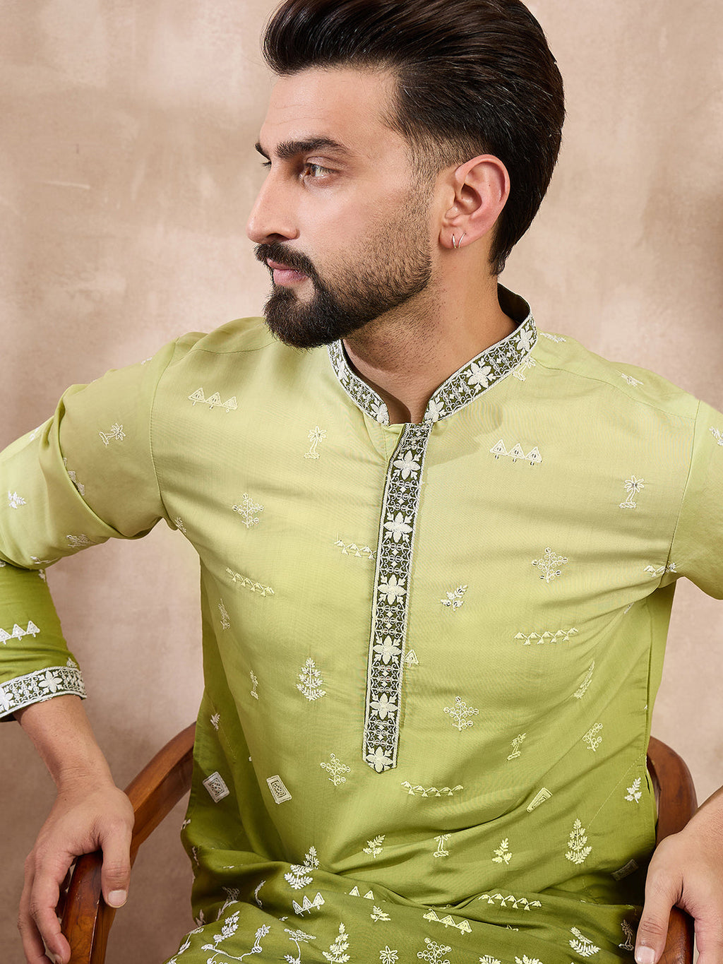Men Green Silk Blend Ethnic Motifs Embroidered Straight Kurta With Trouser-MKSET1800