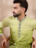 Men Green Silk Blend Ethnic Motifs Embroidered Straight Kurta With Trouser-MKSET1800