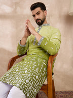 Men Green Silk Blend Ethnic Motifs Embroidered Straight Kurta With Trouser-MKSET1800