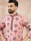 Men Peach Silk Blend Solid Embroidered Straight Kurta With Trouser-MKSET1804