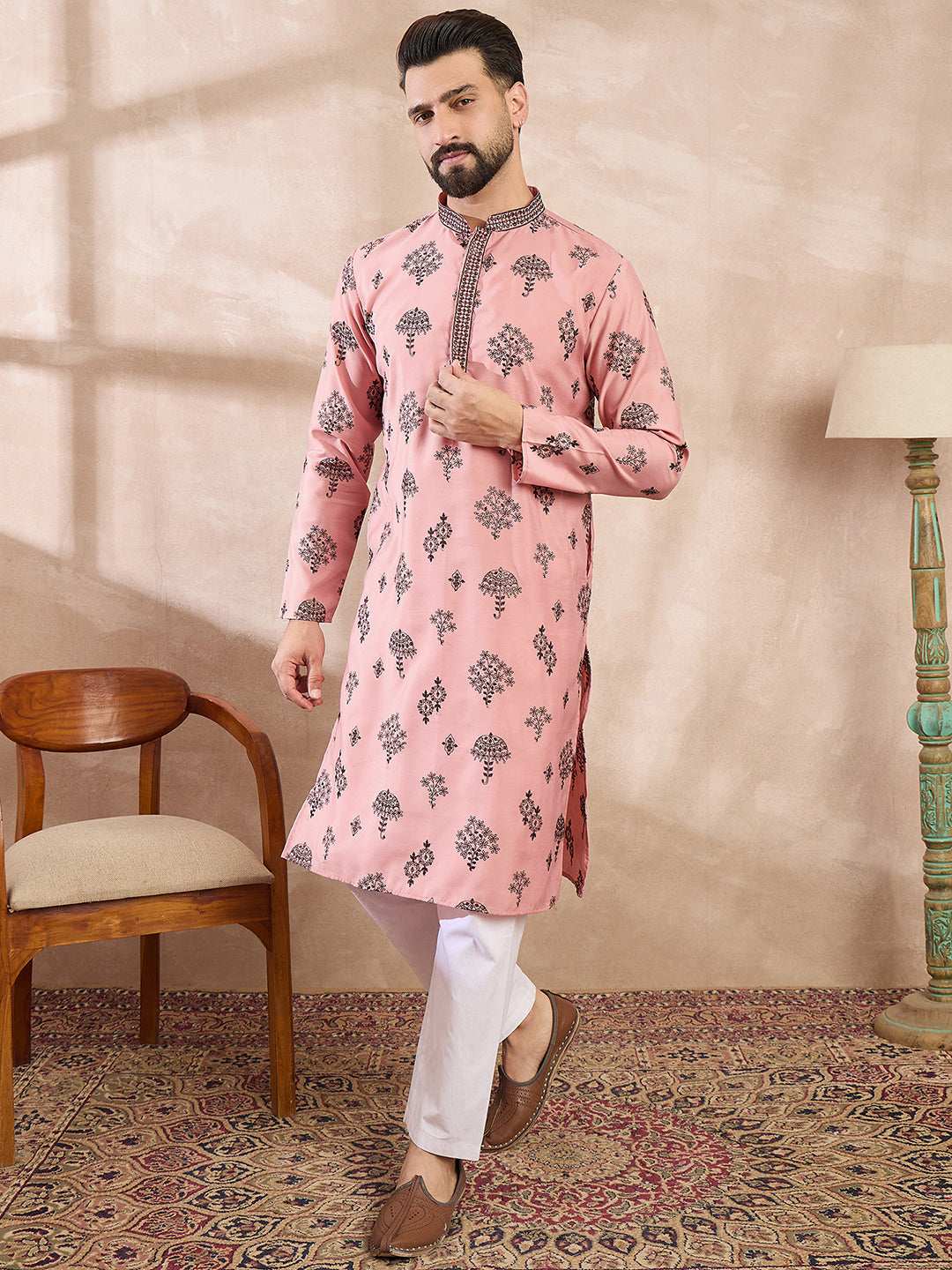 Men Peach Silk Blend Solid Embroidered Straight Kurta With Trouser-MKSET1804