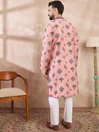 Men Peach Silk Blend Solid Embroidered Straight Kurta With Trouser-MKSET1804