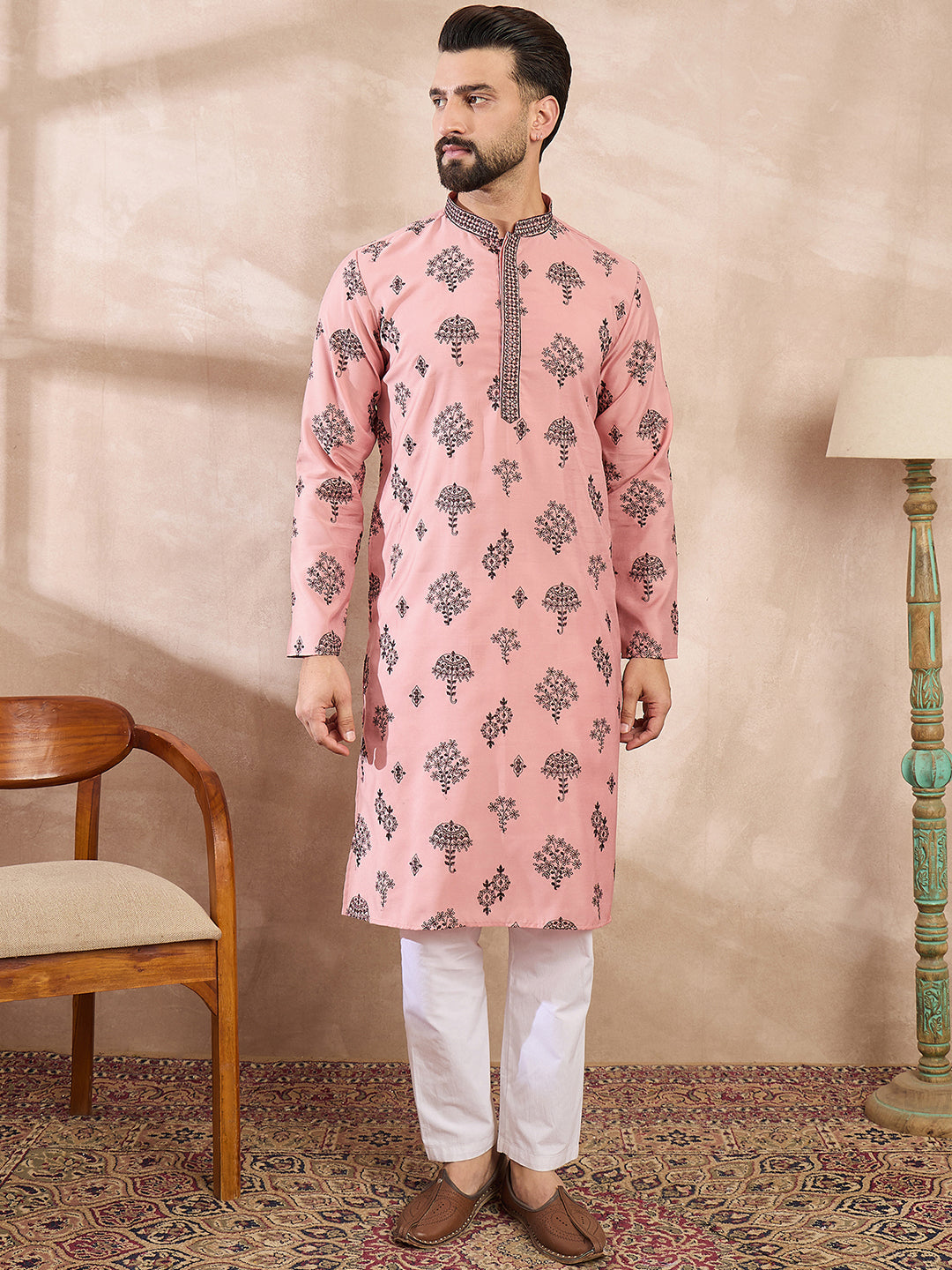 Men Peach Silk Blend Solid Embroidered Straight Kurta With Trouser-MKSET1804
