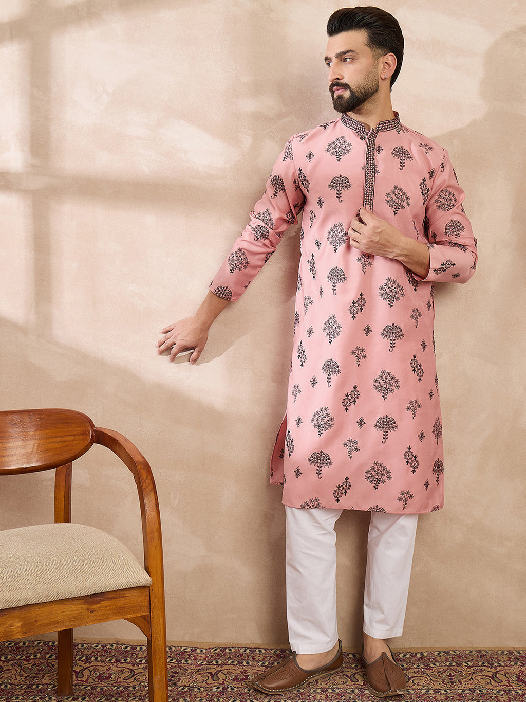 Men Peach Silk Blend Solid Embroidered Straight Kurta With Trouser-MKSET1804