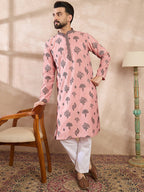 Men Peach Silk Blend Solid Embroidered Straight Kurta With Trouser-MKSET1804