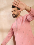 Men Peach Silk Blend Solid Embroidered Straight Kurta Sets-MKSET1807