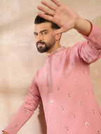 Men Peach Silk Blend Solid Embroidered Straight Kurta Sets-MKSET1807