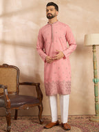 Men Peach Silk Blend Solid Embroidered Straight Kurta Sets-MKSET1807
