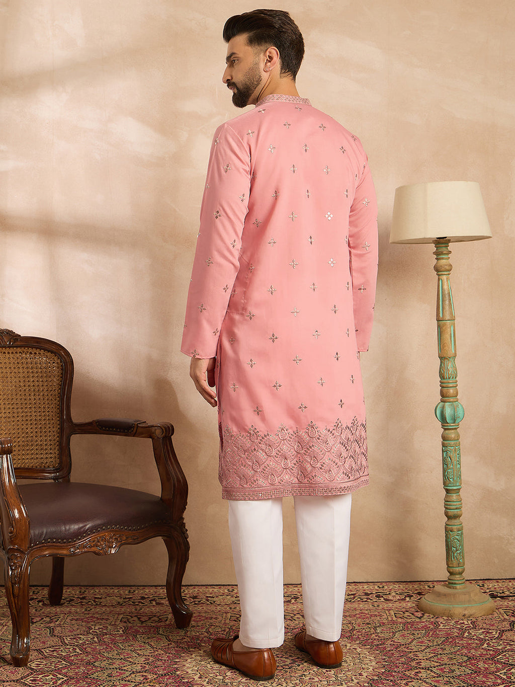 Men Peach Silk Blend Solid Embroidered Straight Kurta Sets-MKSET1807
