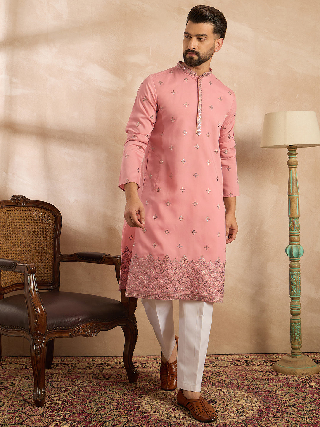 Men Peach Silk Blend Solid Embroidered Straight Kurta Sets-MKSET1807