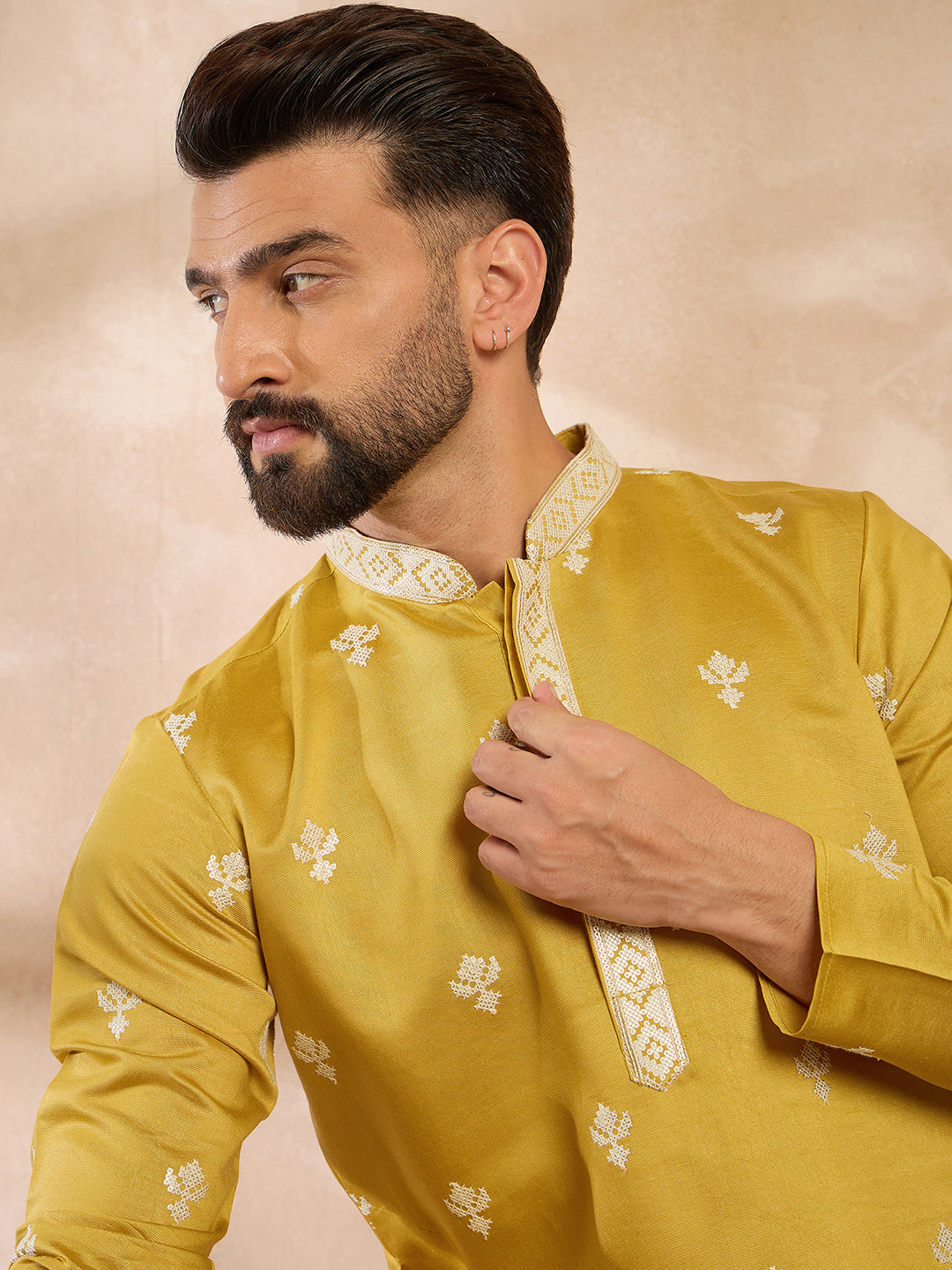 Men Yellow Polyester Solid Embroidered Straight Kurta Sets-MKSET1809