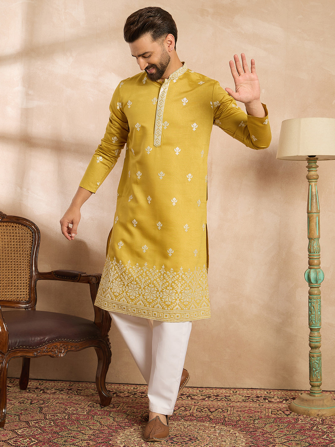 Men Yellow Polyester Solid Embroidered Straight Kurta Sets-MKSET1809