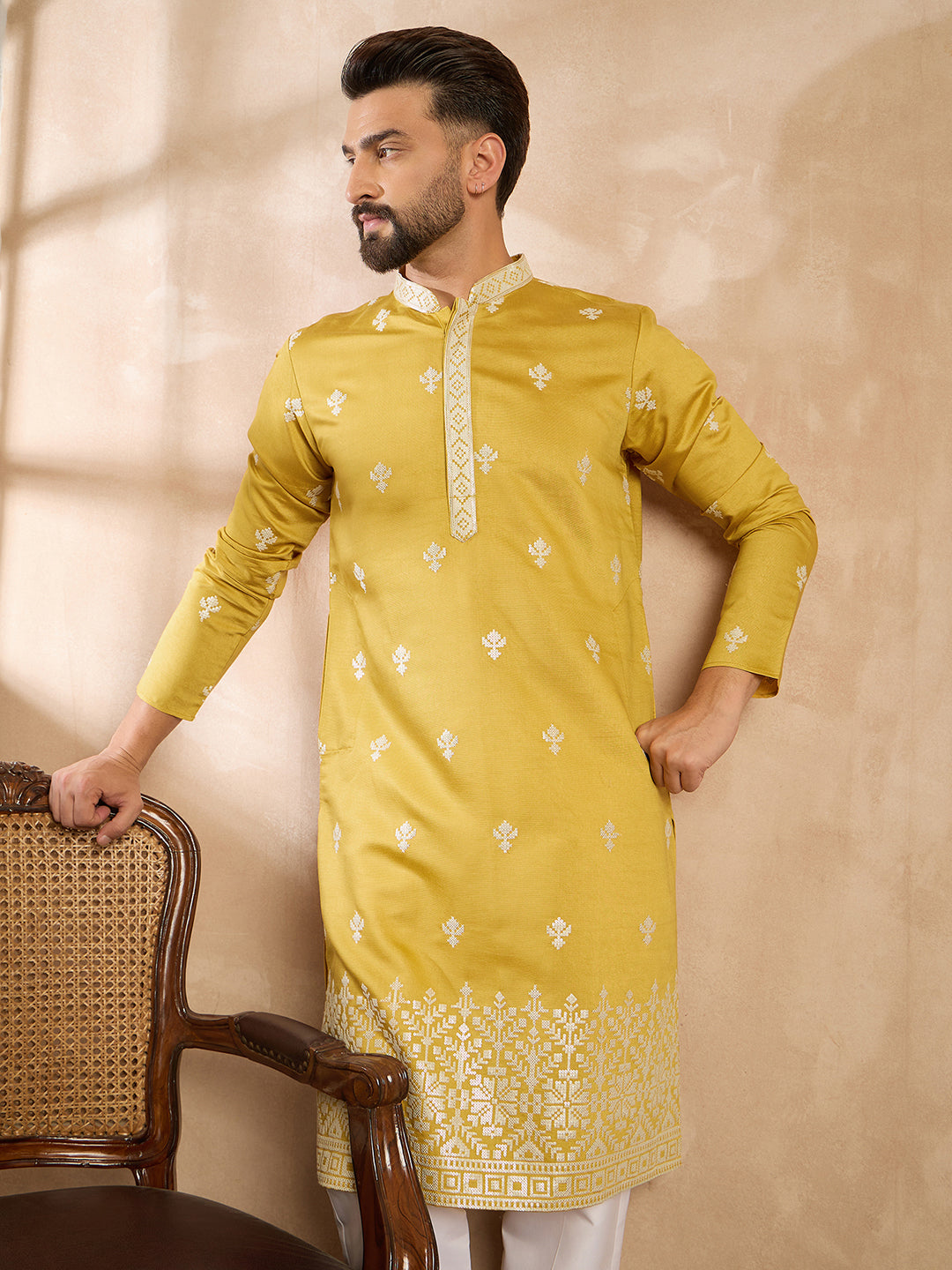 Men Yellow Polyester Solid Embroidered Straight Kurta Sets-MKSET1809