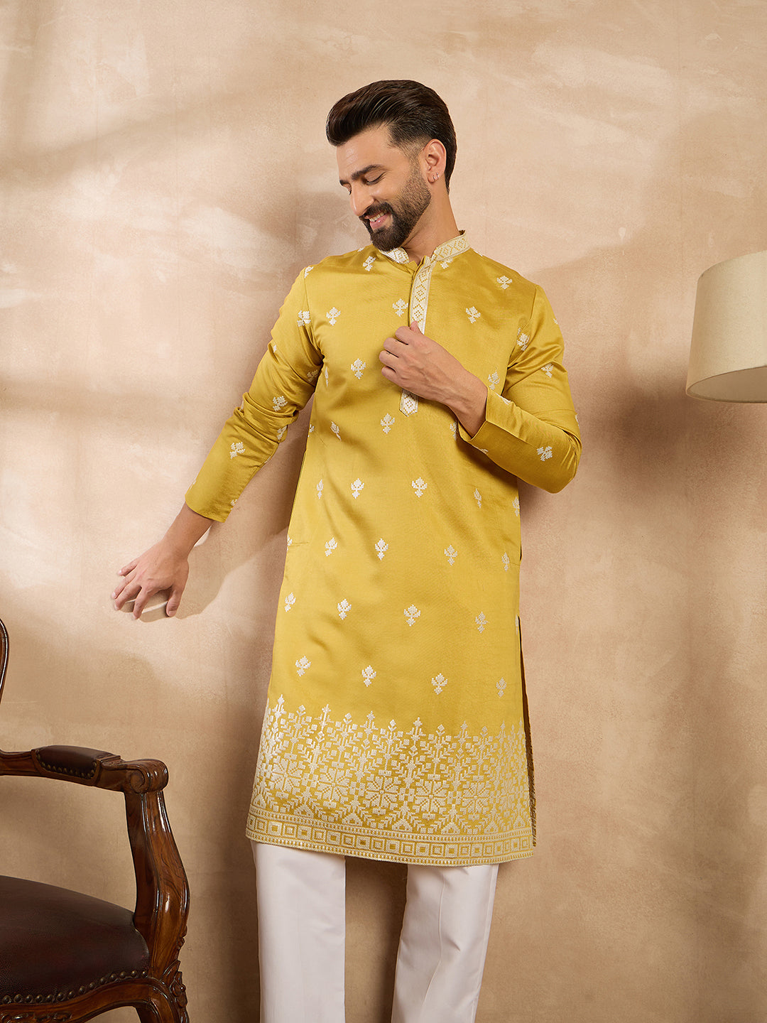 Men Yellow Polyester Solid Embroidered Straight Kurta Sets-MKSET1809