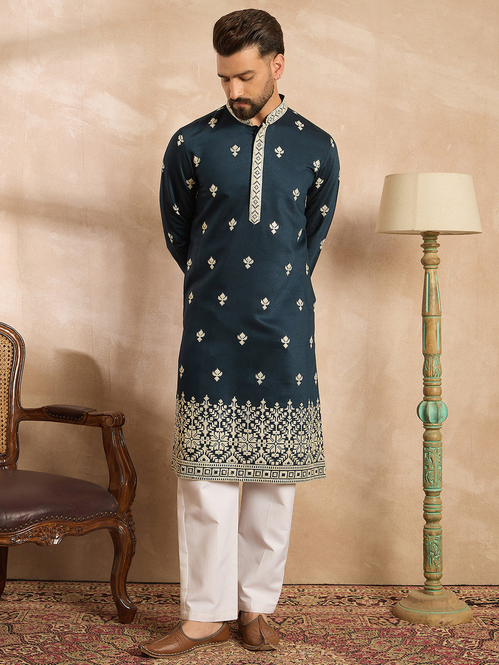 Men Navy Blue Polyester Solid Embroidered Straight Kurta Sets-MKSET1810