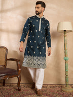 Men Navy Blue Polyester Solid Embroidered Straight Kurta Sets-MKSET1810