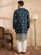 Men Navy Blue Polyester Solid Embroidered Straight Kurta Sets-MKSET1810