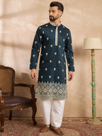 Men Navy Blue Polyester Solid Embroidered Straight Kurta Sets-MKSET1810