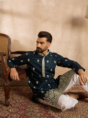 Men Navy Blue Polyester Solid Embroidered Straight Kurta Sets-MKSET1810